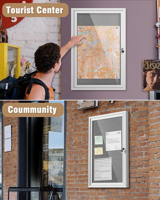 Mifuro 36"x24" Enclosed Bulletin Board, Outdoor Lockable Weather-Resistant Aluminum Cork Noticeboard for School & Office, Silver Frame w/Grey Flet