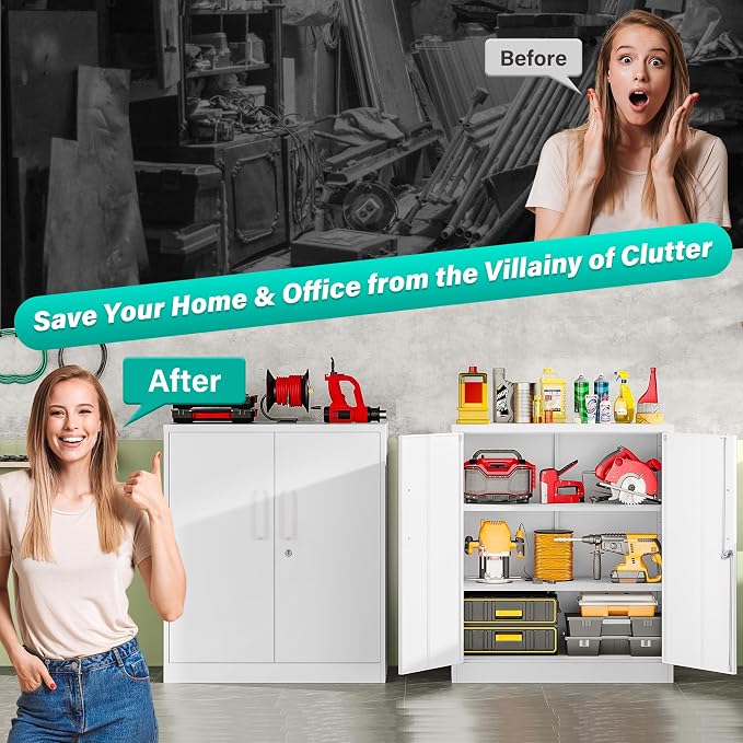 White Metal Storage Cabinet with Doors and Shelves,36 inch Small Metal Cabinet with Lock,Short Garage Storage Cabinets,Locking Steel Cupboard for Home,Office,Kitchen,Garages