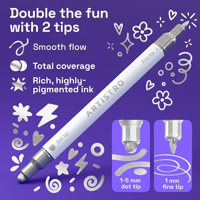 ARTISTRO Silver Dual-Tip Acrylic Paint Marker Pens - Set of 5 | For Fabric, Rock, Glass, Wood, & Coloring Books, Arts & Crafts Gift, Classroom Must Haves & School Supplies (Dot & Fine Tips)