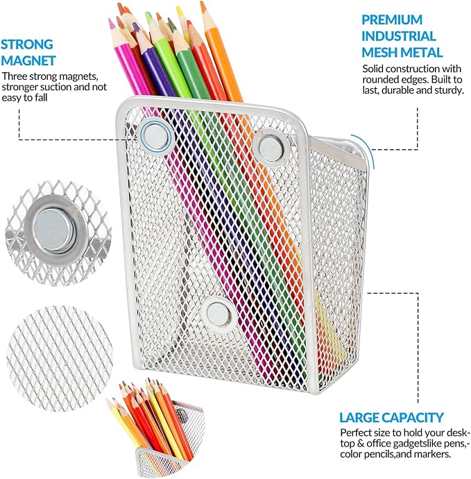 LUCYCAZ Magnetic Pen Holder,Single Magnetic Pencil Locker Holder Organizer | Mesh Marker Holder Pen Basket for Whiteboard, Refrigerator and Locker (Silver)