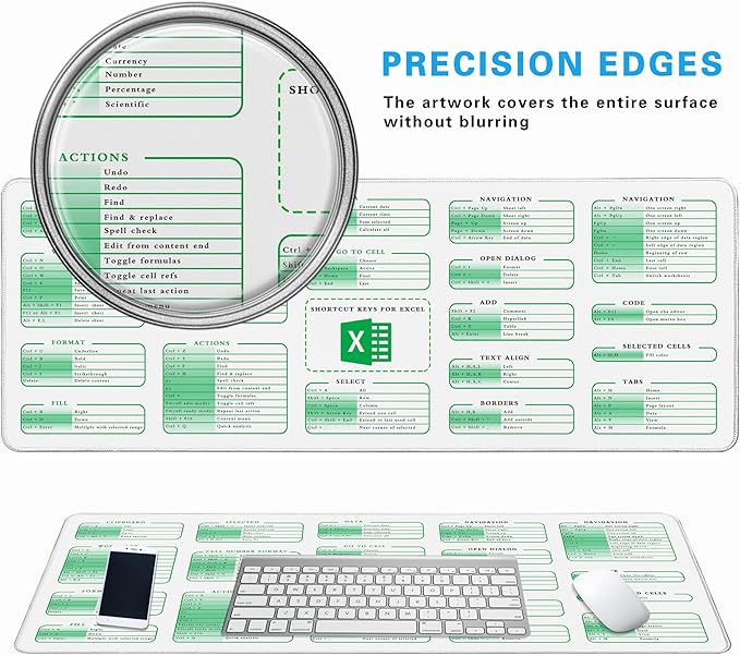 White Excel Cheat Sheet Desk Pad, 31.5"x11.8", Waterproof Extra Large Excel Shortcut Mat with Stitched Edges, Anti-Slip Excel Mouse Pad for Office Desk, MS Excel/Word Shortcuts (White Excel)