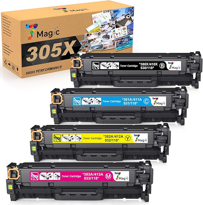 7Magic Compatible Toner Cartridge for 305A CE410X CE410A CE411A CE412A CE413A Use in LaserJet Pro 300 Color MFP M375nw, LaserJet Pro 400 Color M451dn M451nw M451dw MFP M475dw M475dn (KCYM, 4pk)