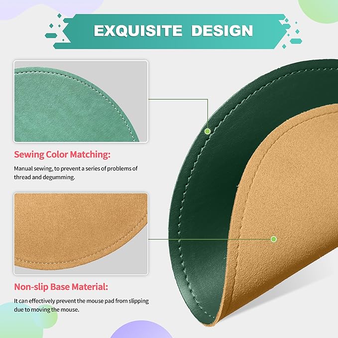 Mouse Pad，Round Mouse Pad，PU Mouse Pad，Leather Mouse Pad with Stitched Edge Micro-Fiber Base with Non-Slip Waterproof，Mouse Pad for Computers，Laptop，9 x 9 Inch (Army Green)