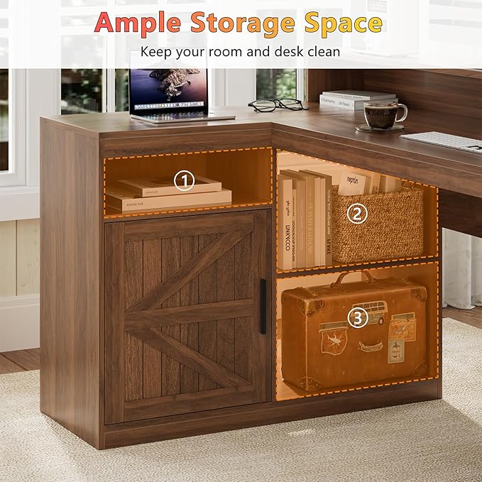 63" Farmhouse L Shaped Desk with Drawers and Printer Stand for Home Office | Computer Desk with Power Outlet, Home Office Desk with Storage Shelves and Monitor Stand, Brown