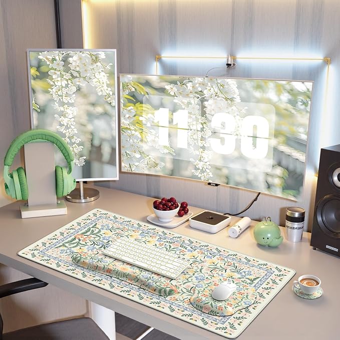 iCasso Green Desk Pad Mat, Large Mouse Pad and Keyboard Wrist Rest Set, Desk Protector Mat,4in1 Ergonomic Carpal Tunnel Keyboard Pad with Wrist Support for Desktop Cover Home Office Computer