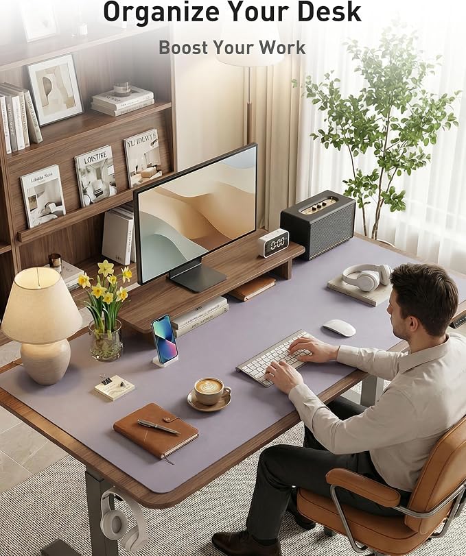 Aothia Faux Leather Desk Mat - Large Mouse Pad, Non-Slip PU Leather Blotter, Waterproof Writing Surface for Office and Home (Lavender, 63" x 24")