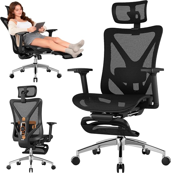 Ergonomic Office Chair with Footrest, 135° Reclining Desk Chair with Adjustable Lumbar Support,3D Armrest,Headrest & Large Steel Base, 300LBS Heavy Duty Mesh Chair