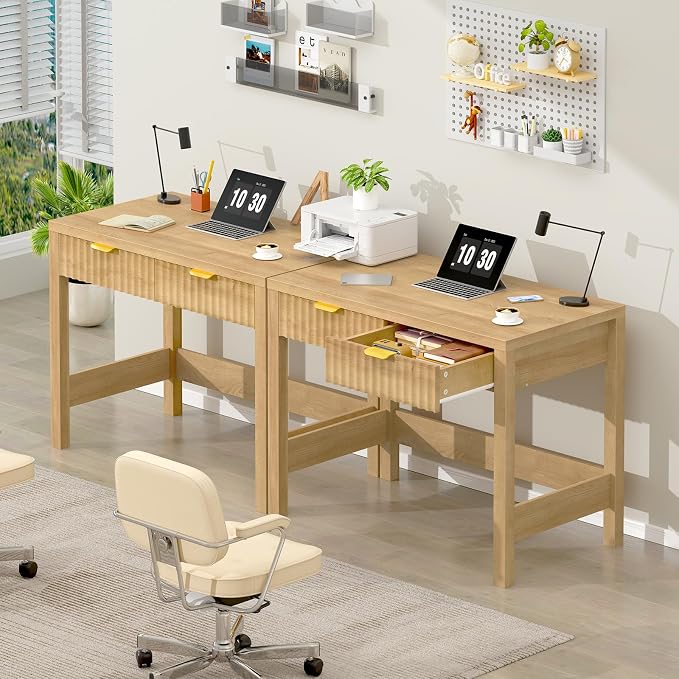 32 Inch Small Fluted Computer Desk with 2 Drawers for Bedroom, Home Office | Small Wooden Computer Desk with Storage, Compact Writing Study Vanity Desk for Small Spaces, Oak