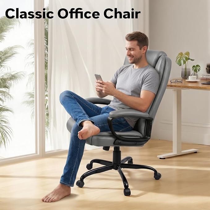 Executive Office Chair, Ergonomic High Back Desk Chair with Lumbar Support, Adjustable Big and Tall Computer Chair, 360° Swivel, PU Leather, Grey