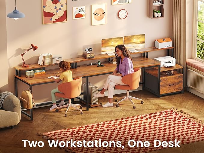 SEDETA 66" Reversible L Shaped Office Desk with Power Outlet, File Drawer | Home Office Computer Desk with Monitor Shelf, Storage Shelves, LED Lights, Rustic Brown for Corner Small Spaces