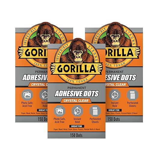 Gorilla Permanent Adhesive Dots, Double-Sided, Clear, 150 Pieces, 3-Pack | No Mess, Photo Safe and Acid Free, Instant Hold for Crafts, Ideal for Card Making and Scrapbooking