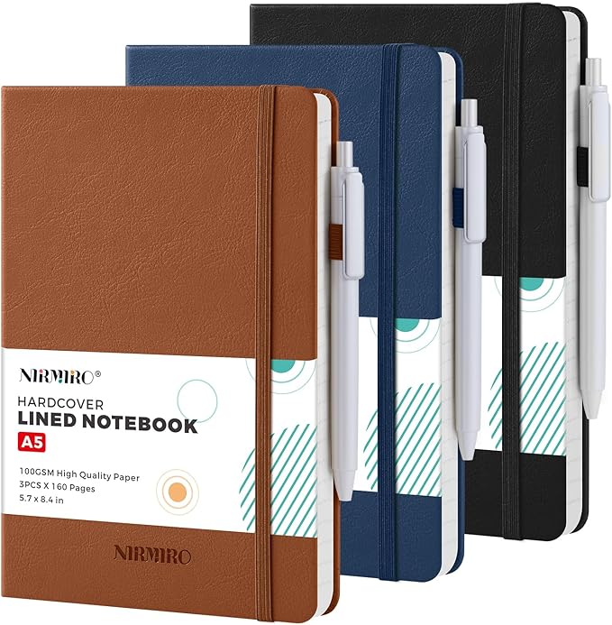 Lined Journal Notebook, A5 (5.7"x8.4"), 3 Pack 160 Pages Journaling Notebooks with Pen, for Women, Men, Work, Writing, Travel, Leather Hardcover, 100GSM Paper, School Office Supplies, Black Blue Brown