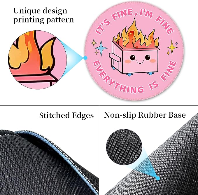 Hancynir Cute Mouse Pad, Dumpster on Fire Round Mousepad for Office Desk | Mouse Mat for Computer, Non-Slip Rubber Base, Office Desk Decor, Gifts for Work Coworker Teacher, 8.6 Inch, Stitched Edges