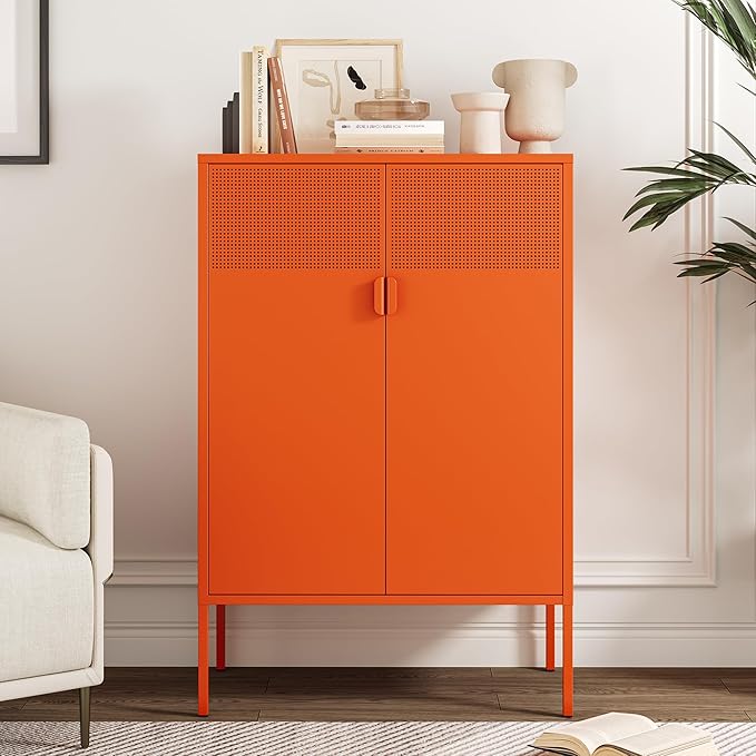 Chshin Metal Storage Cabinet,Kitchen Pantry Storage Cabinet,Metal Sideboard with 2 Doors and 2 Adjustable Shelves,Orange Locker Cabinet for Home,Bathroom,Hallway,Office,Dining Room