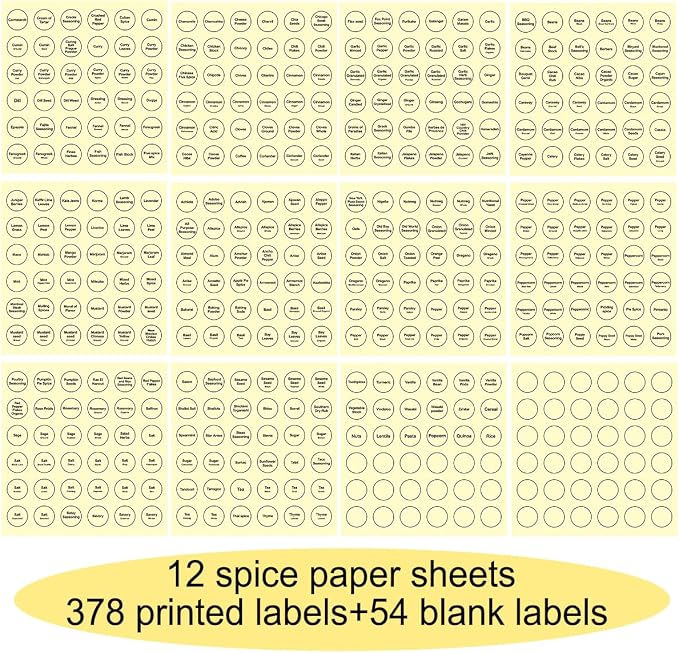 Spice Labels, 432Pcs Spice Labels Stickers 1.4in Waterproof Adhesive Round Preprinted Spice with Blank Label Black Tear Resistant Sticker for Kitchen Jars Caps Food Containers Organizers