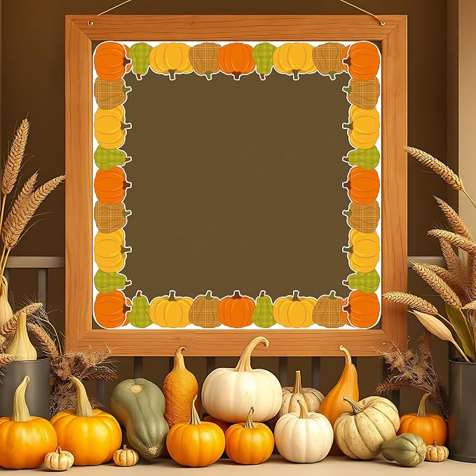 BeYumi Fall Pumpkin Border Trim - 65ft Plaid Pumpkin Border Classroom Decor | Thanksgiving Halloween Pumpkin Rolled Bulletin Board Border Office School Chalkboard Kindergarten Classroom Wall Party Decor