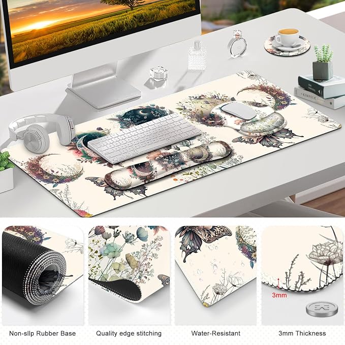 Large Desk Mat, Cute Boho Plants Mouse Pad, Apricot Desk Pad, XXL Mousepad | + Keyboard Wrist Rest+Mouse Wrist Rest+Coaster Desk Pad for Girl Women Home Office Decor Aesthetics, Floar Butterfly Moon