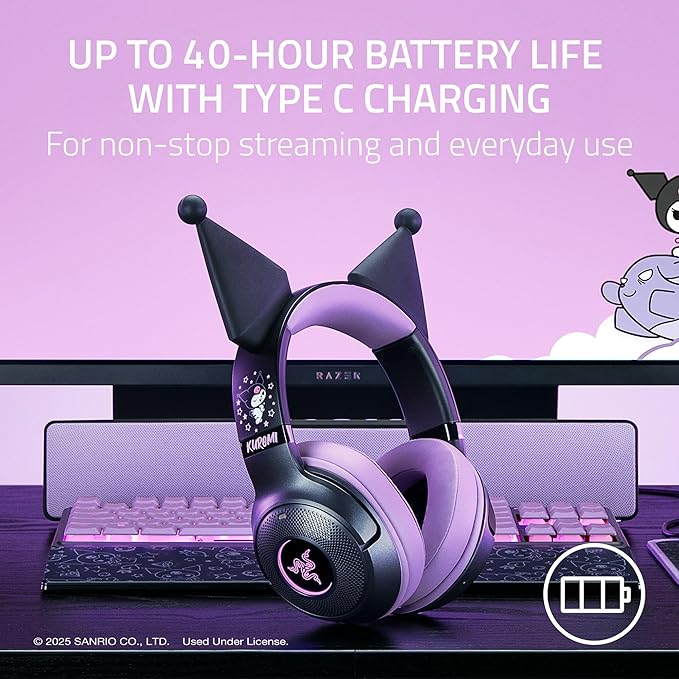 Razer Kraken Kitty V2 BT Wireless RGB Headset: Chroma RGB Kitty Ears & Earcups - Bluetooth 5.2-40 mm Drivers - Noise-Cancelling Mics - Lightweight - 40 Hr Battery w/Type C Charging - Kuromi Edition