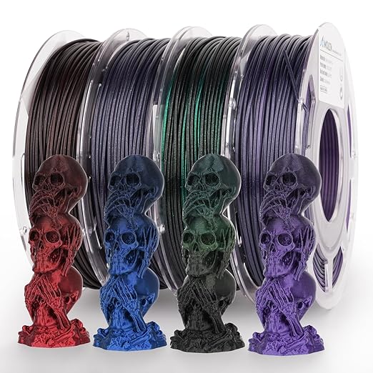 AMOLEN PLA 3D Printer Filament,PLA Filament 1.75mm,Silk Shiny Filament Bundle, Black Red, Blue,Purple,Green, 3D Printing Filament Bundle, 200gX 4 Spools