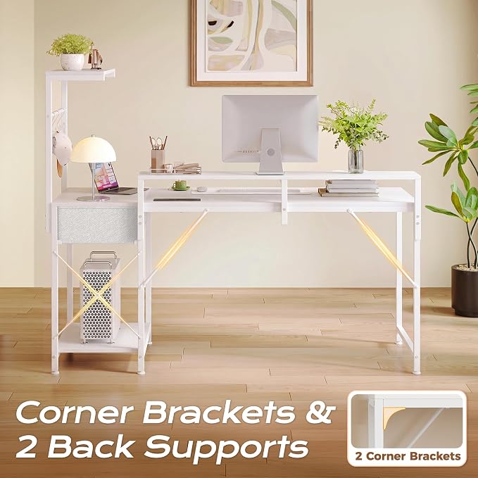 55.1 Inch Gaming Desk with LED Lights & Power Outlets | Computer Desk with Drawer & Storage Shelves, Office Writing Desk with Monitor Stand for Work from Home, White