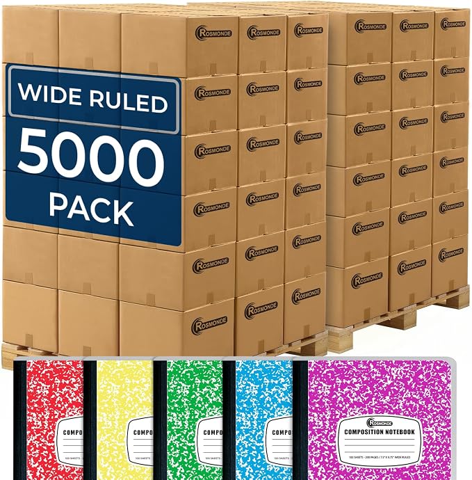 Composition Notebooks Bulk, 5000 Pack, Wide Ruled, Color Marble | Wide Ruled Sheets, 200 Pages (100 Sheets), 9-3/4 x 7-1/2, Bulk Supplies for School Districts & Office, 4-7 Days Transit