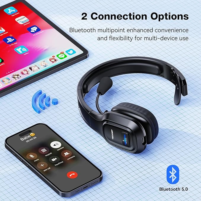 TECKNET Trucker Bluetooth Headset, Trucker Bluetooth Headphones with Microphone AI Noise Canceling Wireless On Ear Headset, Hands Free Wireless Headset for Cell Phone Computer Office Home bright black