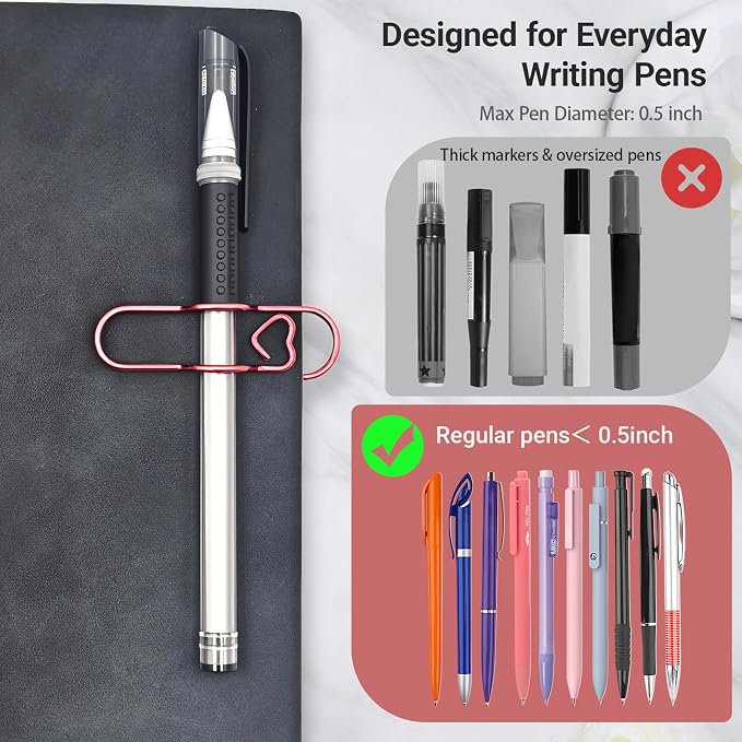Metal Heart Pen Holder Paper Clip, 18 Pack Notebook & Journal Accessories | Fits pens up to 0.5", six metallic colors for notebooks, journals, planners, and clipboards