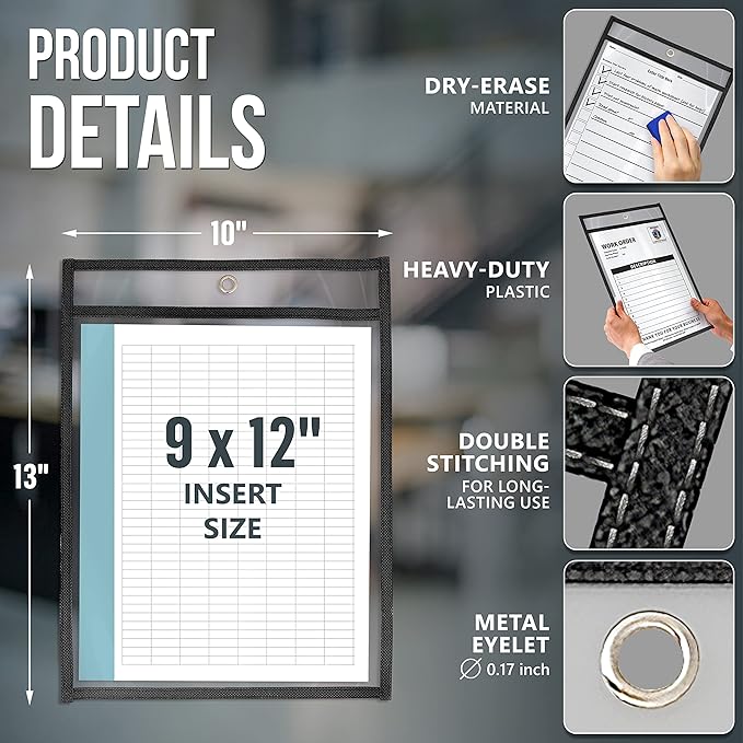 5 Pack Job Ticket Holders 9x12 - Work Order Plastic Sleeves for Documents - Shop Ticket Holders - Heavy Duty Plastic Permit Holder Sleeves - Dry Erase Pocket - Dry Erase Sleeve - Clear Pocket Sleeve