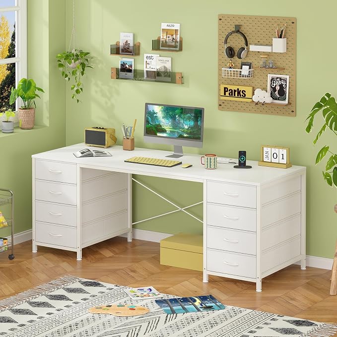 60 Inch Computer Desk with 8 Drawers for Home Office, Bedroom, Living Room | Home Office Desk with Power Outlets, Work Study Gaming Desk with 8 Fabric Drawers, White