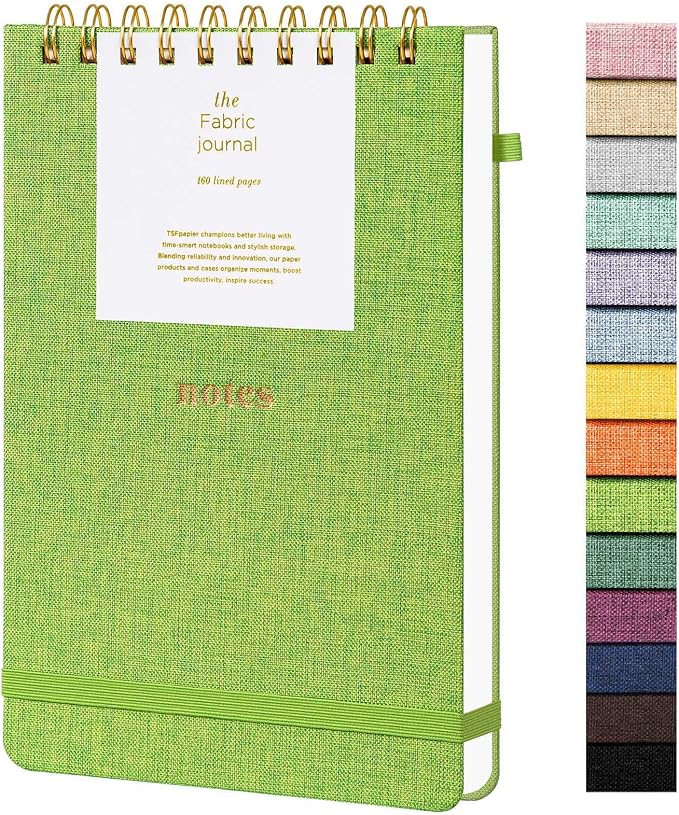 TSFPapier A5 Top Spiral Notebook, Fabric Hardcover College Ruled Journal | 100GSM Paper 160 Lined Pages, 5.7"x8.39" Steno Pads with Elastic Band & Pen Loop, for Work, School Note Taking (Grass Green)