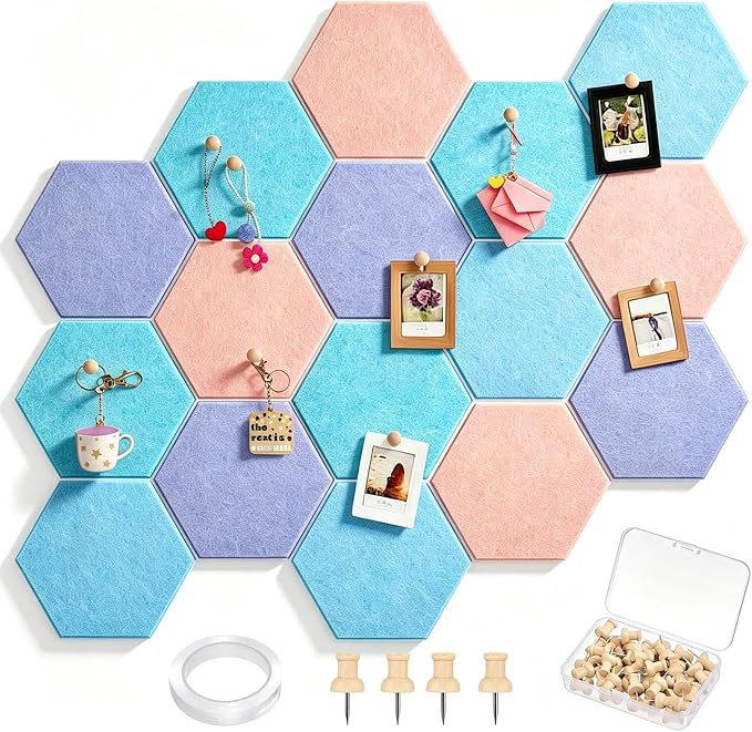 6.7 x 5.9 in 16 Pcs Hexagon Cork Board Tiles with 50 Wooden Push Pins, Cork Boards for Wall, Felt DIY Tiles with Nano Tape, Pin Board for Office Classroom Home Photo Memo Note (Pastel)
