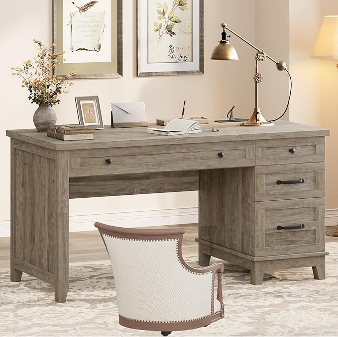 Garvee 53.5" Wooden Home Office Desk with File Drawers, Executive Desk with Power Outlet, Farmhouse Wood Desk with Storage, Distressed Study and Work Table, Rustic Grey