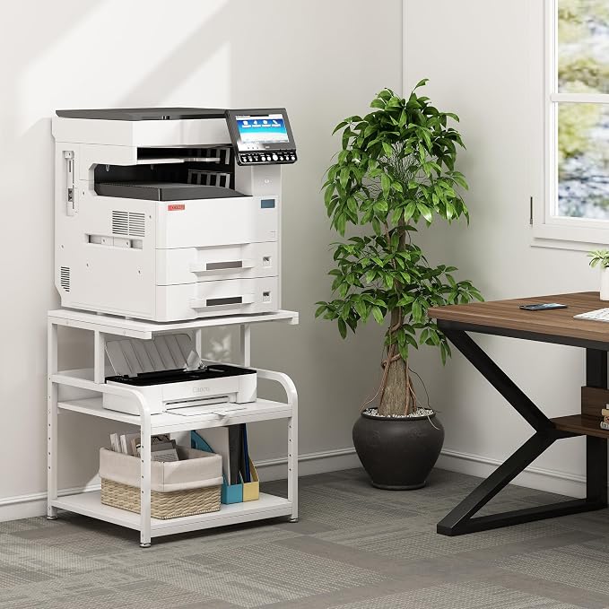 Fannova 25.6"x23.6"x30.9" Extra Large White Printer Stand with Storage | Height Adjustable Middle Shelf, Heavy Duty 3D Printer Table with Industrial Wheels, 3 Tier Printer Cart for Home Office