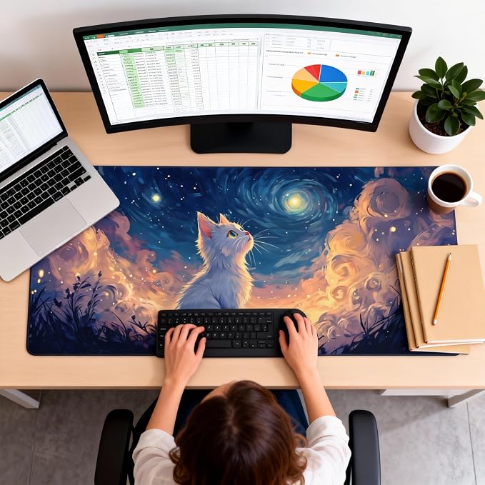 Cute Anime White Cat Gaming Mouse Pad, Blue Pink Van Gogh Desk Mat with Anti-Slip Base & Stitched Edges,35.4" x 15.7" in Table Mat for Computer Desktop, Beautiful Workstation Decor