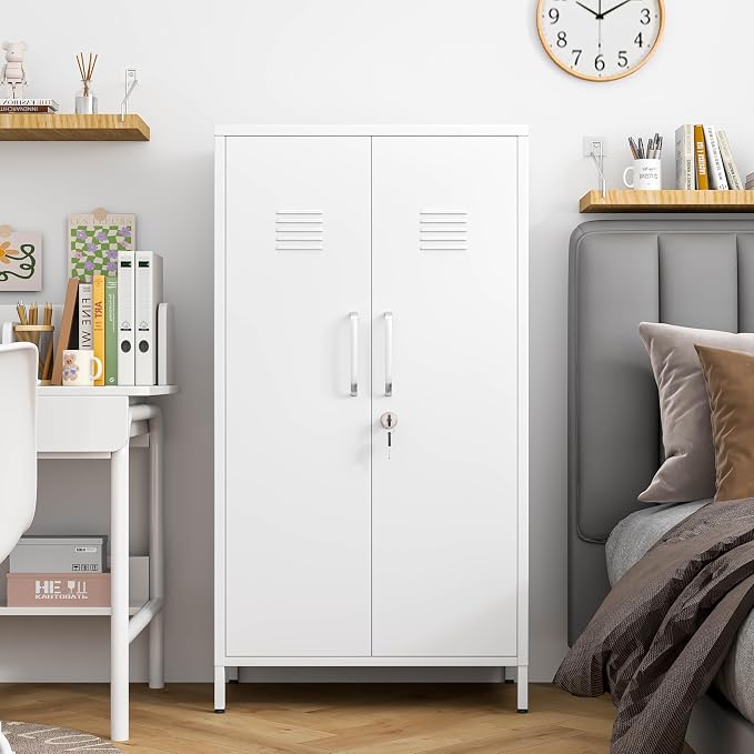 PAOFIN 47" Metal Storage Locker, Lockable Employees Metal Locker with 2 Door and Adjustable Shelves, Steel Locker for Home, School, Office, Gym (White)