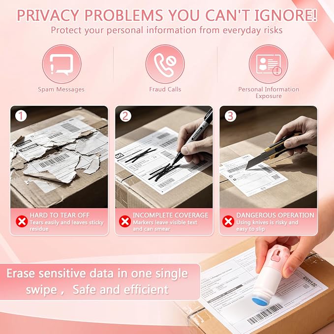 2-in-1 Privacy Wipe Box Cutter, 2026 New Water-Based Eraser Pen, Thermal Correction Fluid Set for Receipts, Shipping Labels, Packages, Mails and Daily Office School Use