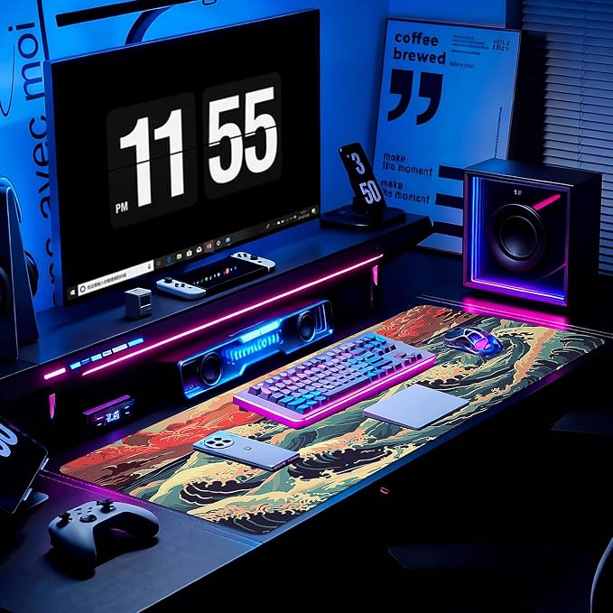 Gaming Desk Mat with Silky Smooth Surface & Exquisite Patterns,31.5x11.8 Inches Large-Sized Mouse Pad, Perfect for Extended Gaming,Work,and Home Office Decor (Japanese Waves 1)