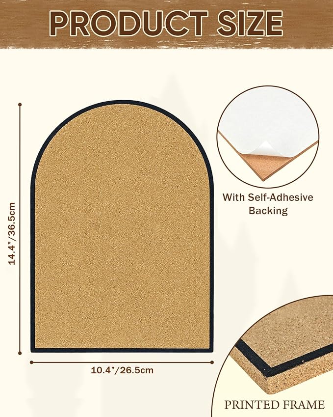 Self-Adhesive Arch Pin Cork Board, 10.4" x 14.4" 1/2" Thick (Black)