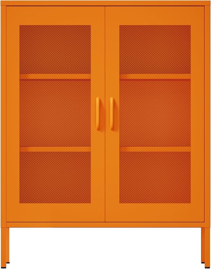 Washsemba Metal Storage Cabinet with Mesh Doors,Steel Display Cabinet with Adjustable Shelves,Metal Office Storage Locker for Home Office,Garage (Orange, 40''H)