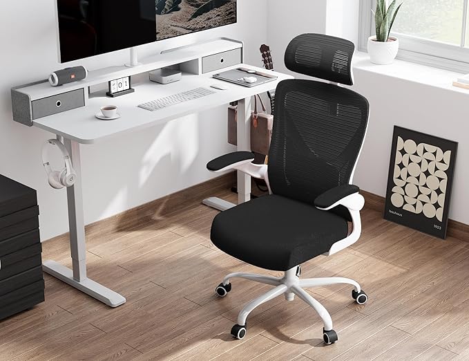 Ergonomic Office Chair: Mesh Desk Chair Comfy with Headrest& Lumbar Support | Ergalithic Big and Tall Office Chairs with Wheels & Flip-Up Arms-Computer Gaming Chairs for Adults Home Office (White Black)