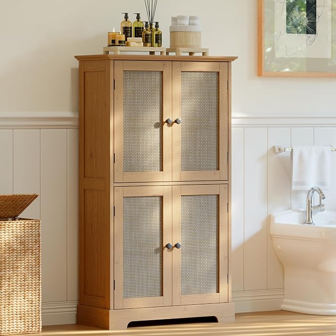 ChooChoo Bathroom Floor Cabinet with Adjustable Shelves | Bathroom Storage Cabinet, 4 Doors, Freestanding Cupboard for Living Room, Rustic Oak