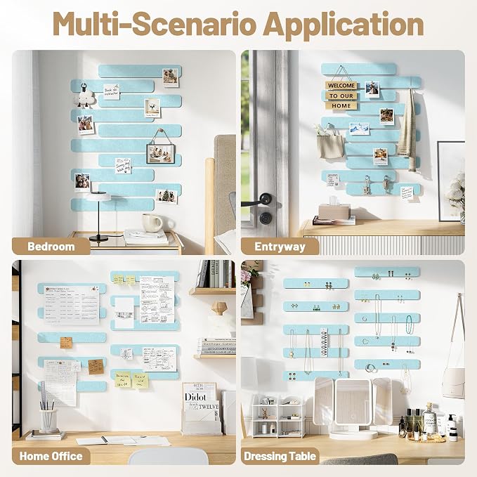10 Pack 13"x2" Cork Board Strip with Removable Adhesive Squares & Push Pins | Pin Board Alternative Felt Strip Bulletin Board, Felt Board for Photo & Note Display, Home Office Decor - Aqua Blue