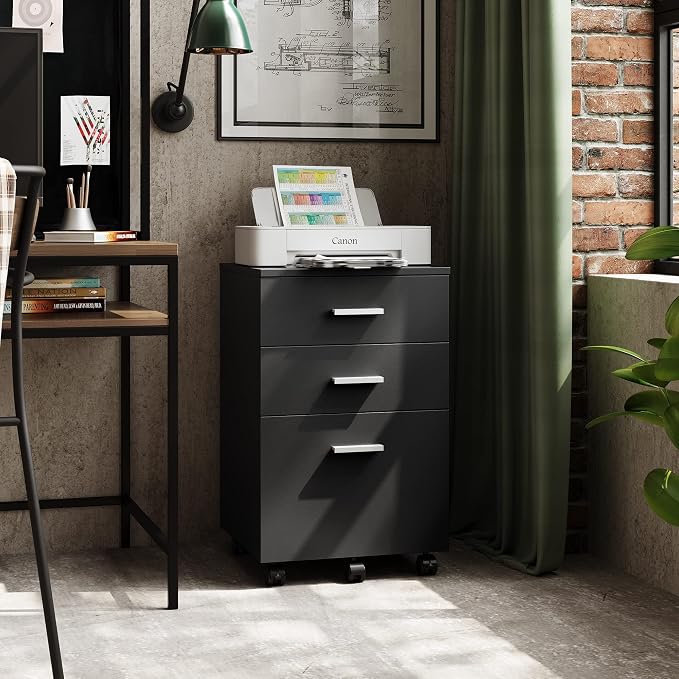 DEVAISE 3 Drawer Wood File Cabinet, Under Desk Filing Cabinet, Black | Small Mobile Printer Stand, Fits Letter/A4 Size, Under Desk Storage Cabinet, Home Office