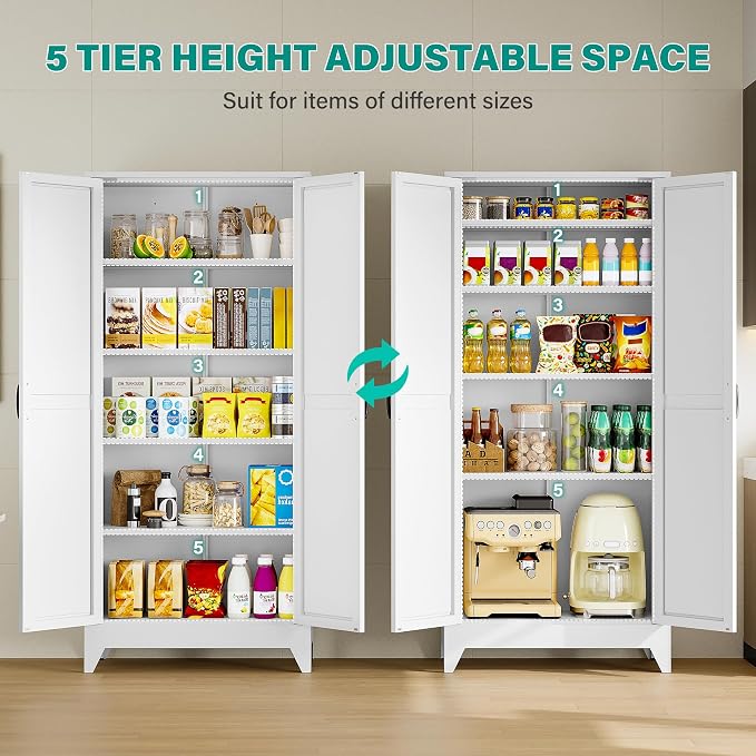75" Tall Pantry Cabinet,Farmhouse Kitchen Pantry Storage Cabinets with 2 Doors and 5 Shelves,White Metal Storage Cabinet,Large Cupboard for Home,Kitchen,Dining/Living Room