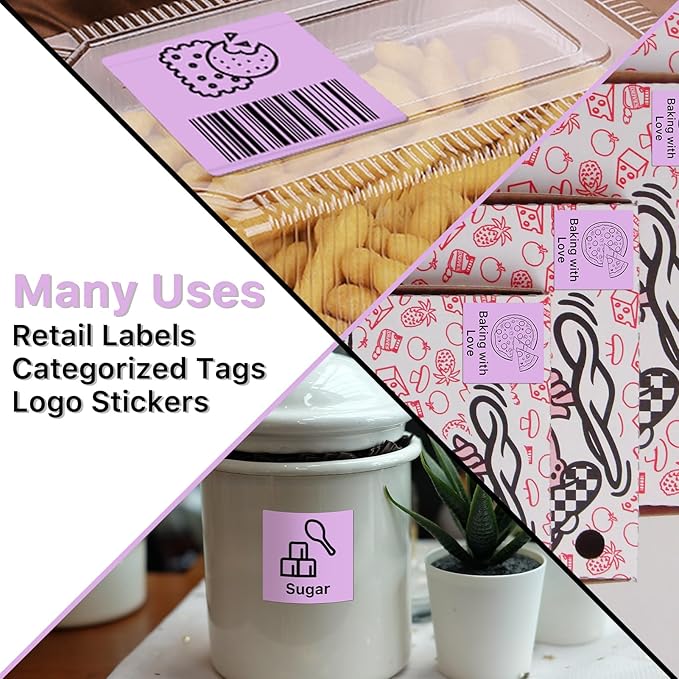 Square Thermal Label Stickers, 2"x2" (50.8mm x 50.8mm) Compatible with Multiple Thermal Printers Self-Adhesive Square Direct Strong Adhesive Thermal Labels, Purple, 500 Sheets/Roll