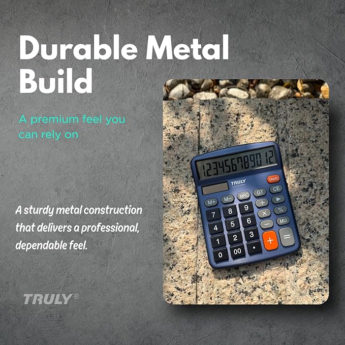 TRULY 12 Digits Desktop Calculator with Large LCD Display and Sensitive Button, Dual Solar Power and Battery, Standard Function for Office, Home, School, Metal Body, 837A Pro Blue