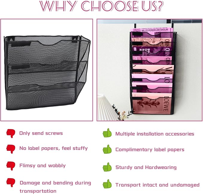 8 Pockets Mesh Wall File Holder Organizer Office Hanging File Folder Magazine Rack, Nametag Label Hooks Set Included (Black)