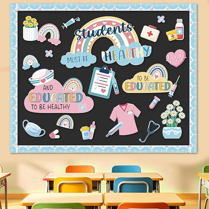 48Pcs Boho Healthy Bulletin Board Decorations Set, Welcome Back to School Classroom Decorations Kit, Nursing Appreciation Office Decor Medical RN Cutouts Healthcare Workers Chalkboard Door Wall Decor