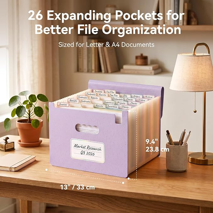 ThinkTex Accordion File Organizer, 26 Pockets File Folders, Soft Violet | Monthly Bill Receipt Documents Organizer, A-Z Colorful Tabs, Letter/A4 Size for Classroom Office Organization Home Hospital