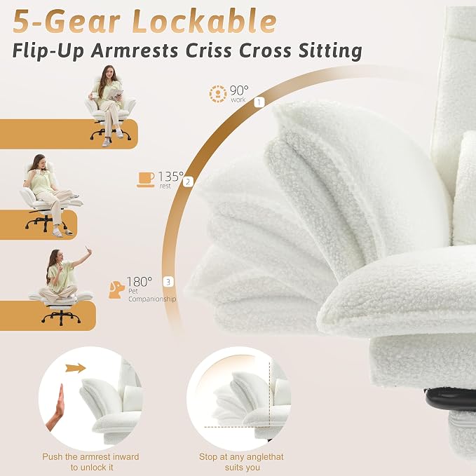 Wider Seat Office Chair with Flip Armrests for Criss Cross Legged&Cats, Big and Tall Executive Ergonomic Reclining Chair with Footrest&Lumbar Pillow, Teddy Fleece Desk Chair,White Vanity Chair